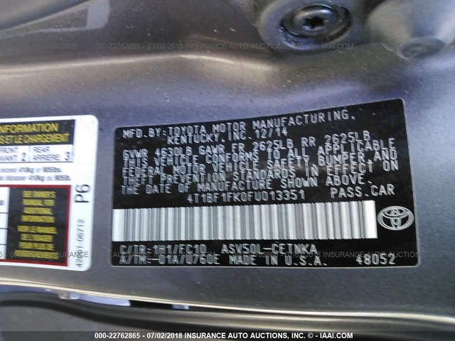 4T1BF1FK0FU013351 - 2015 TOYOTA CAMRY LE/XLE/SE/XSE GRAY photo 9