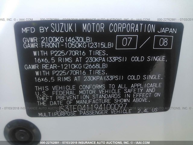 JS3TE041194100097 - 2009 SUZUKI GRAND VITARA  WHITE photo 9