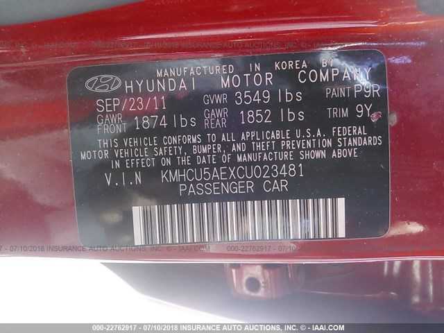 KMHCU5AEXCU023481 - 2012 HYUNDAI ACCENT GLS/GS/SE RED photo 9