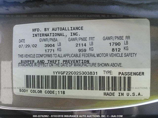 1YVGF22C025303831 - 2002 MAZDA 626 LX GRAY photo 9