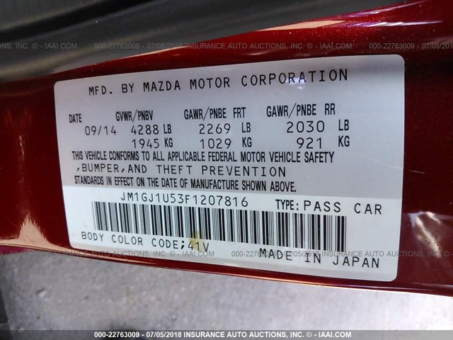 JM1GJ1U53F1207816 - 2015 MAZDA 6 SPORT RED photo 9