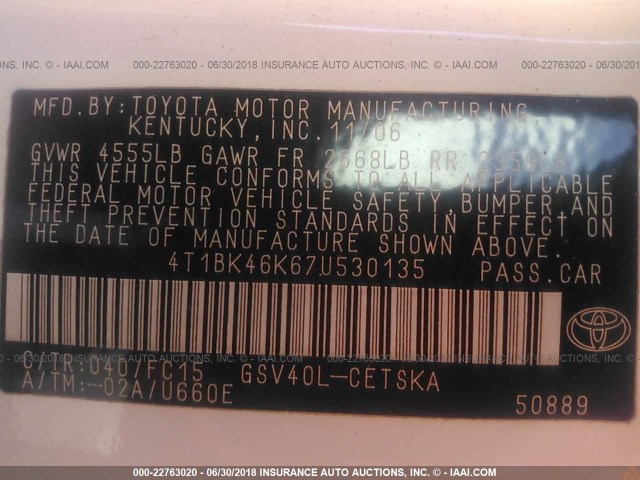 4T1BK46K67U530135 - 2007 TOYOTA CAMRY NEW GENERAT LE/XLE/SE WHITE photo 9