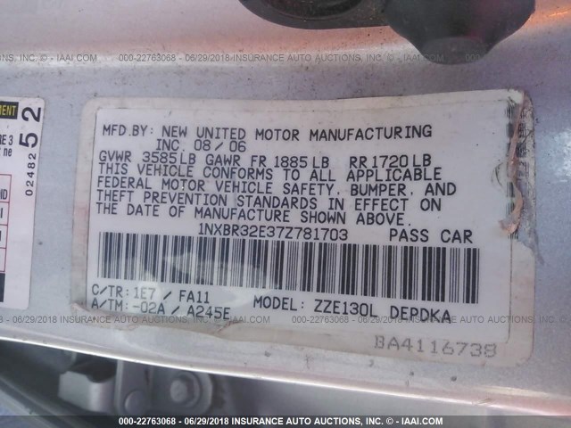 1NXBR32E37Z781703 - 2007 TOYOTA COROLLA CE/LE/S 银色 照片 9