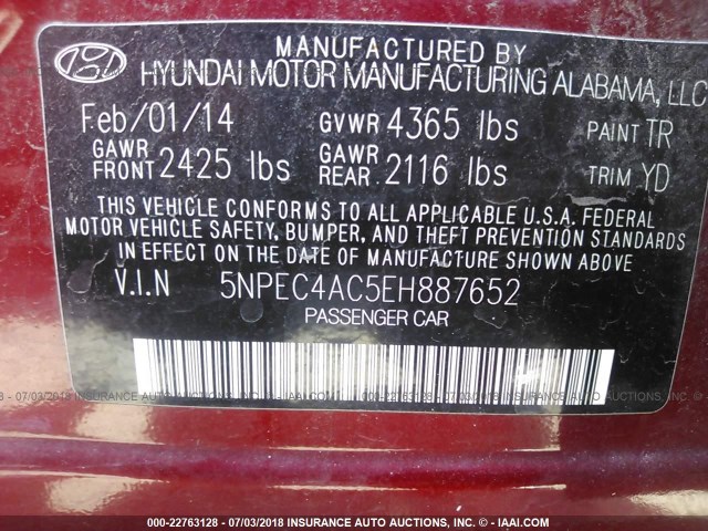 5NPEC4AC5EH887652 - 2014 HYUNDAI SONATA SE/LIMITED 红色 照片 9