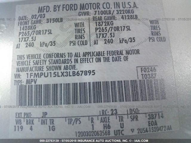 1FMPU15LX3LB67895 - 2003 FORD EXPEDITION XLT SILVER photo 9