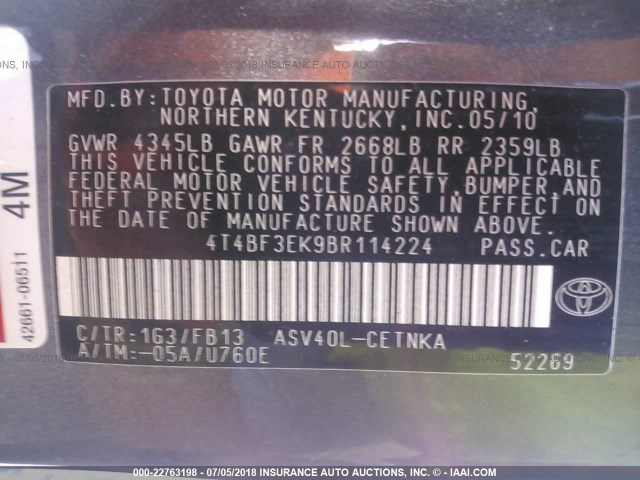 4T4BF3EK9BR114224 - 2011 TOYOTA CAMRY SE/LE/XLE GRAY photo 9