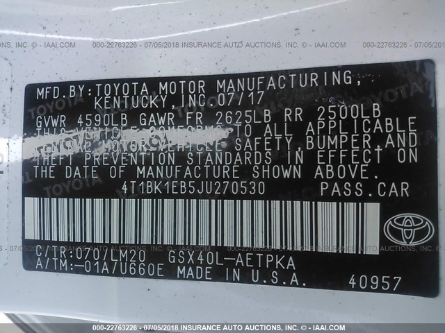 4T1BK1EB5JU270530 - 2018 TOYOTA AVALON XLE PLUS/PREMIUM/TOUR/LTD WHITE photo 9