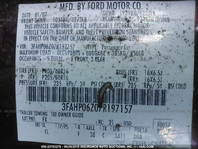 3FAHP06Z07R197157 - 2007 FORD FUSION S MAROON photo 9