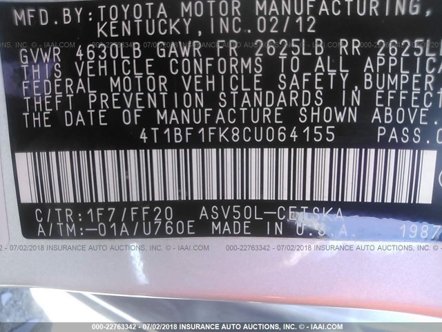 4T1BF1FK8CU064155 - 2012 TOYOTA CAMRY SE/LE/XLE 银色 照片 9