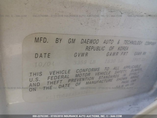 KL1TD526X5B336595 - 2005 CHEVROLET AVEO LS WHITE photo 9