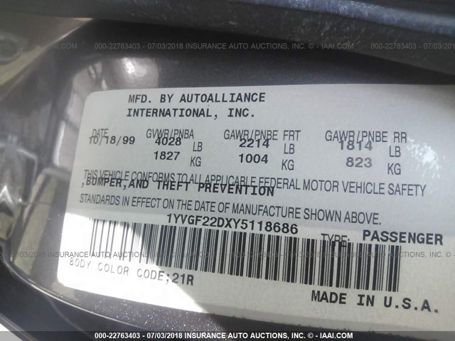 1YVGF22DXY5118686 - 2000 MAZDA 626 ES/LX BLACK photo 9