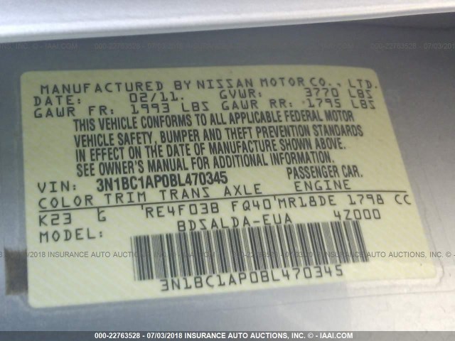 3N1BC1AP0BL470345 - 2011 NISSAN VERSA S/SL ვერცხლისფერი ფოტო 9