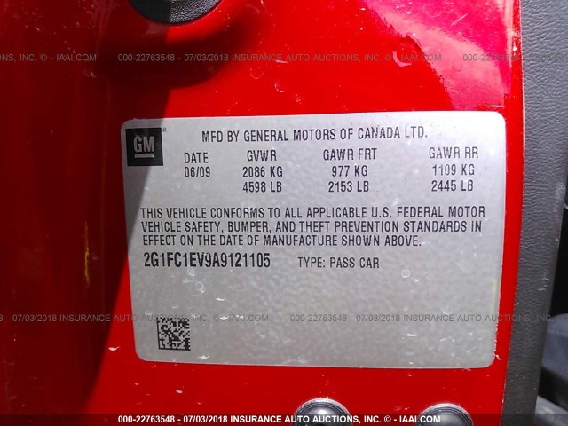 2G1FC1EV9A9121105 - 2010 CHEVROLET CAMARO LT RED photo 9