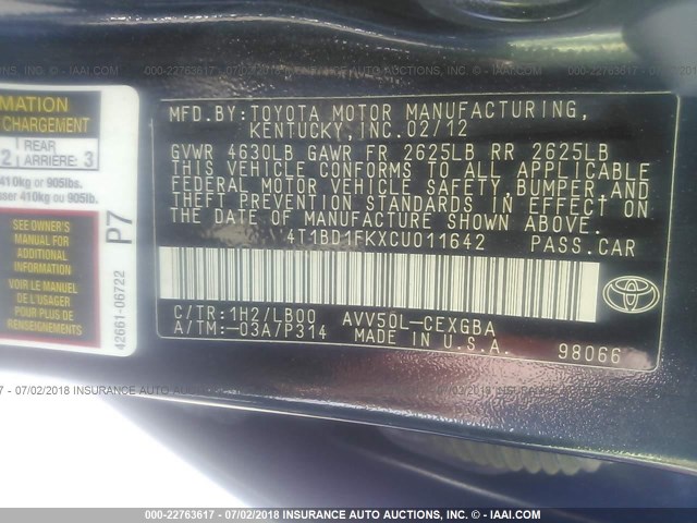 4T1BD1FKXCU011642 - 2012 TOYOTA CAMRY HYBRID/LE/XLE 黑色 照片 9