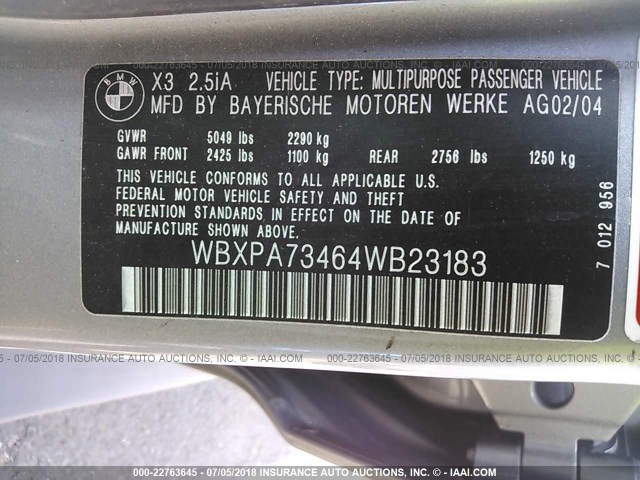WBXPA73464WB23183 - 2004 BMW X3 2.5I GRAY photo 9