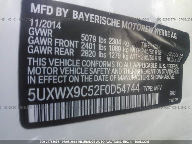 5UXWX9C52F0D54744 - 2015 BMW X3 XDRIVE28I WHITE photo 9