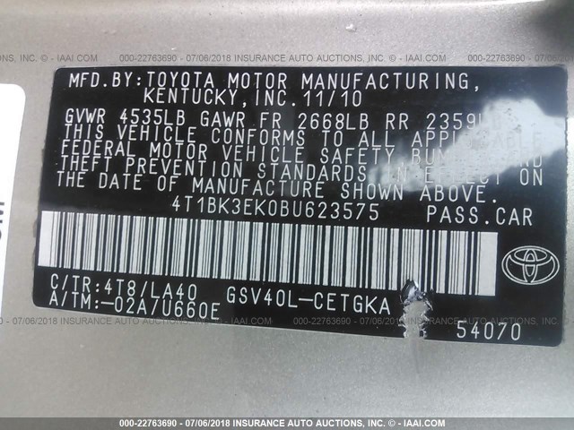 4T1BK3EK0BU623575 - 2011 TOYOTA CAMRY SE/LE/XLE 金色 照片 9