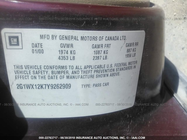 2G1WX12K7Y9262909 - 2000 CHEVROLET MONTE CARLO SS MAROON photo 9