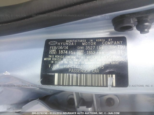 KMHCT4AE9EU666775 - 2014 HYUNDAI ACCENT GLS/GS Light Blue photo 9