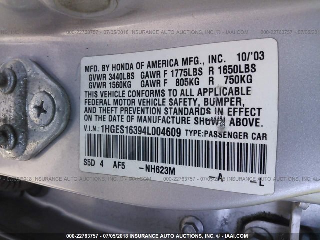 1HGES16394L004609 - 2004 HONDA CIVIC DX VP GRAY photo 9