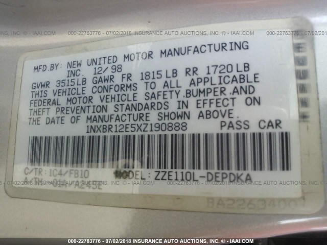 1NXBR12E5XZ190888 - 1999 TOYOTA COROLLA VE/CE/LE 灰色 照片 9