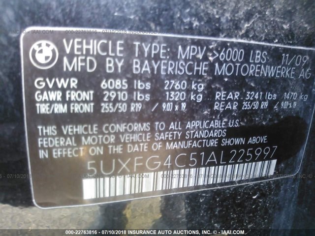 5UXFG4C51AL225997 - 2010 BMW X6 XDRIVE35I BLACK photo 9