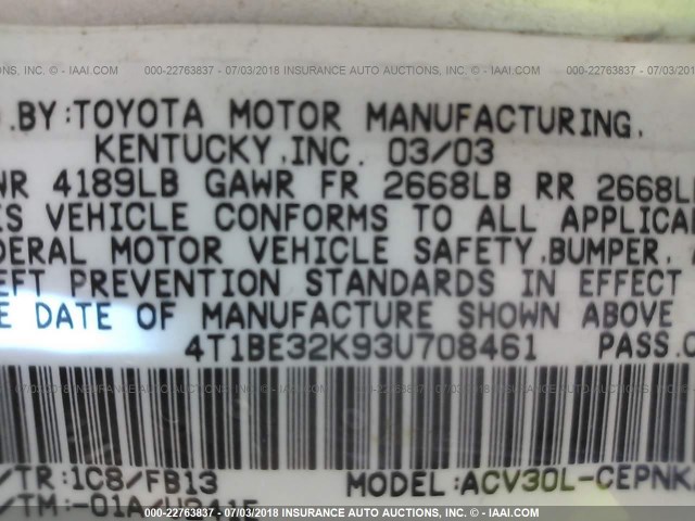 4T1BE32K93U708461 - 2003 TOYOTA CAMRY LE/XLE/SE 银色 照片 9