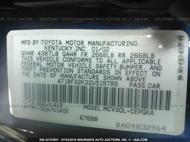 4T1BF32K22U519789 - 2002 TOYOTA CAMRY LE/XLE/SE Mavi foto 9