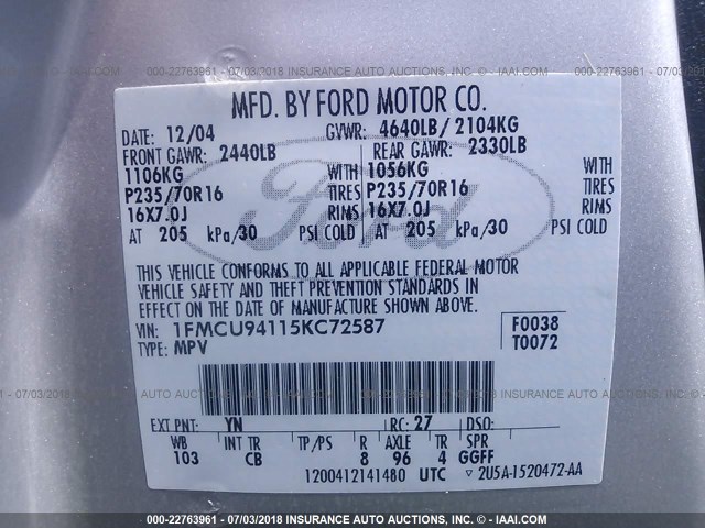 1FMCU94115KC72587 - 2005 FORD ESCAPE LIMITED SILVER photo 9
