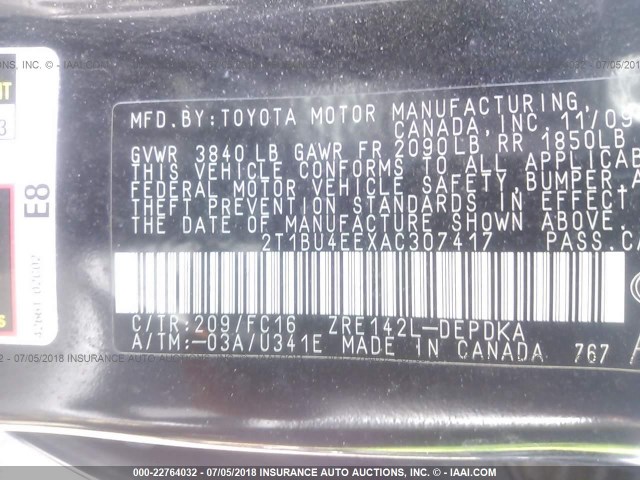 2T1BU4EEXAC307417 - 2010 TOYOTA COROLLA S/LE/XLE BLACK photo 9