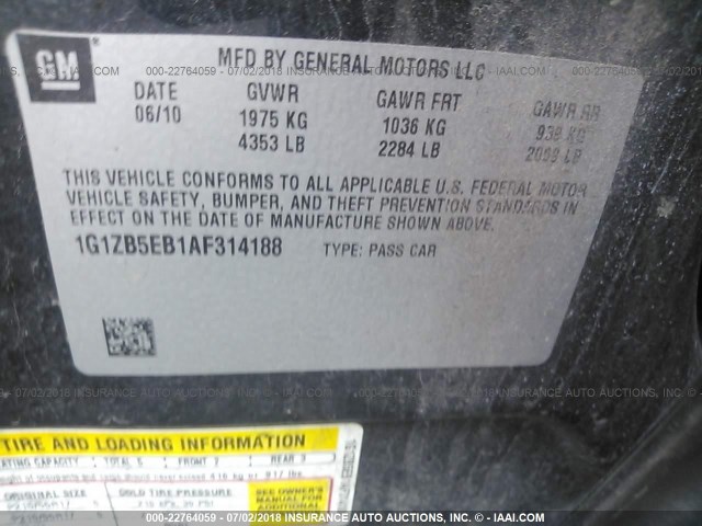 1G1ZB5EB1AF314188 - 2010 CHEVROLET MALIBU LS BLACK photo 9