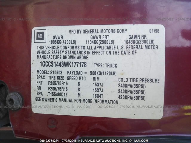 1GCCS1443WK177178 - 1998 CHEVROLET S TRUCK S10 RED photo 9