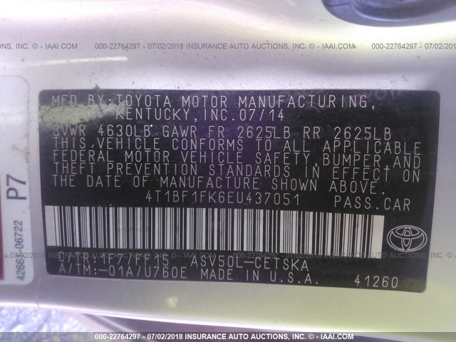 4T1BF1FK6EU437051 - 2014 TOYOTA CAMRY L/SE/LE/XLE 银色 照片 9