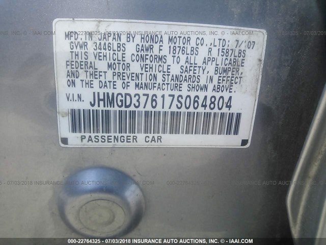 JHMGD37617S064804 - 2007 HONDA FIT S 银色 照片 9