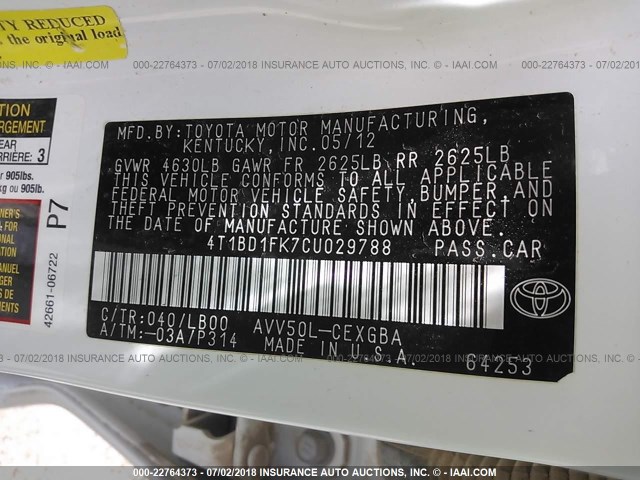 4T1BD1FK7CU029788 - 2012 TOYOTA CAMRY HYBRID/LE/XLE 白色 照片 9