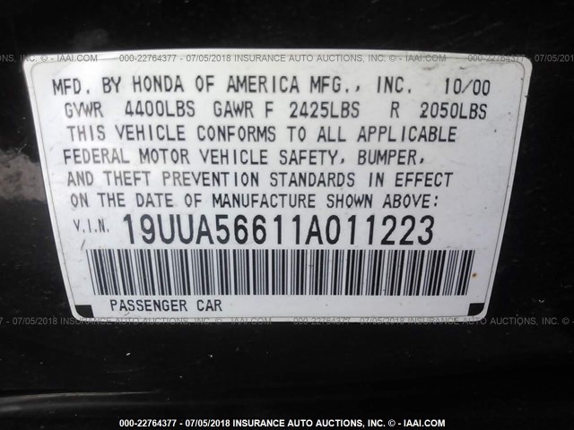 19UUA56611A011223 - 2001 ACURA 3.2TL BLACK photo 9