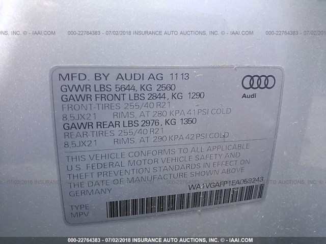 WA1VGAFP1EA059243 - 2014 AUDI SQ5 PRESTIGE SILVER photo 9