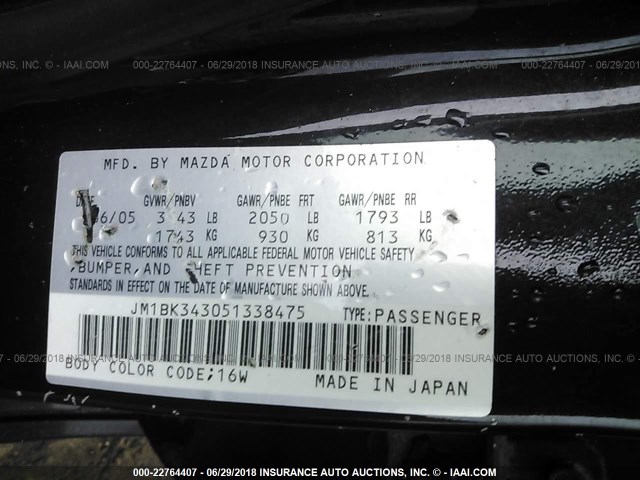 JM1BK343051338475 - 2005 MAZDA 3 HATCHBACK BLACK photo 9