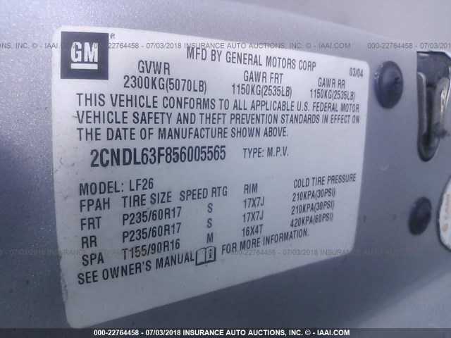 2CNDL63F856005565 - 2005 CHEVROLET EQUINOX LT SILVER photo 9