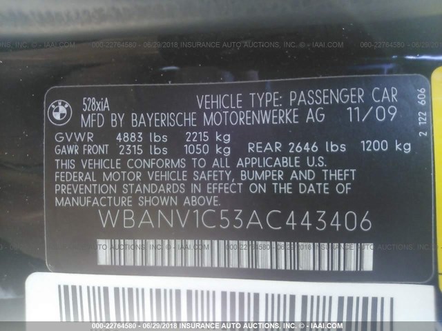 WBANV1C53AC443406 - 2010 BMW 528 XI BLACK photo 9