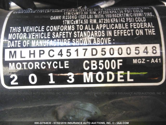 MLHPC4517D5000548 - 2013 HONDA CB500 F BLACK photo 10