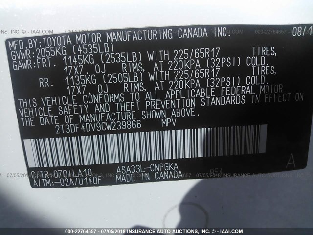 2T3DF4DV9CW239866 - 2012 TOYOTA RAV4 LIMITED Ağ foto 9