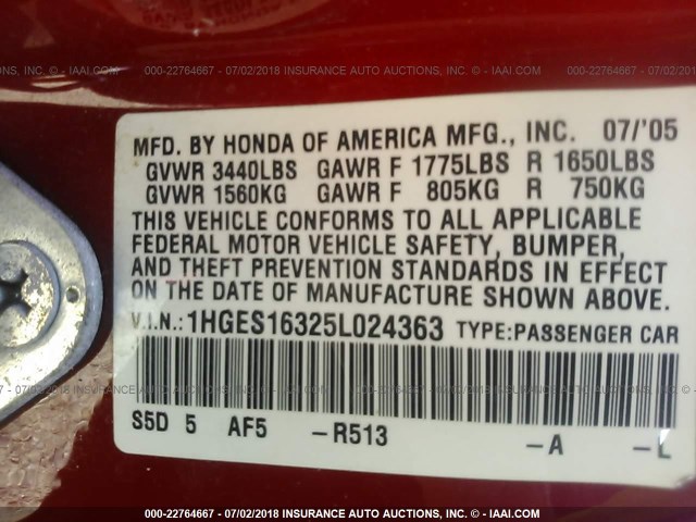 1HGES16325L024363 - 2005 HONDA CIVIC DX VP 红色 照片 9