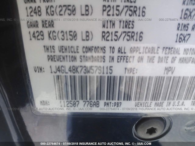 1J4GL48K73W579115 - 2003 JEEP LIBERTY SPORT/FREEDOM ლურჯი ფოტო 9