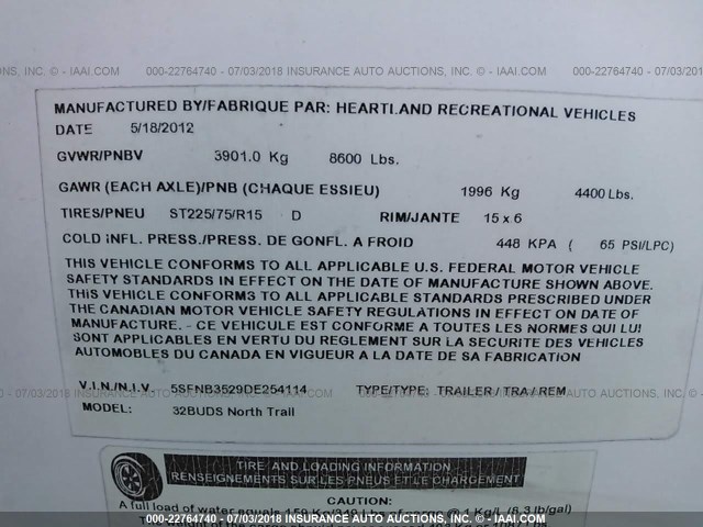 5SFNB3529DE254114 - 2013 HEARTLAND NORTH TRL  WHITE photo 9