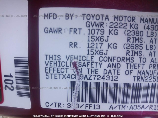 5TETX4CN9AZ724312 - 2010 TOYOTA TACOMA ACCESS CAB Қызыл фото 9