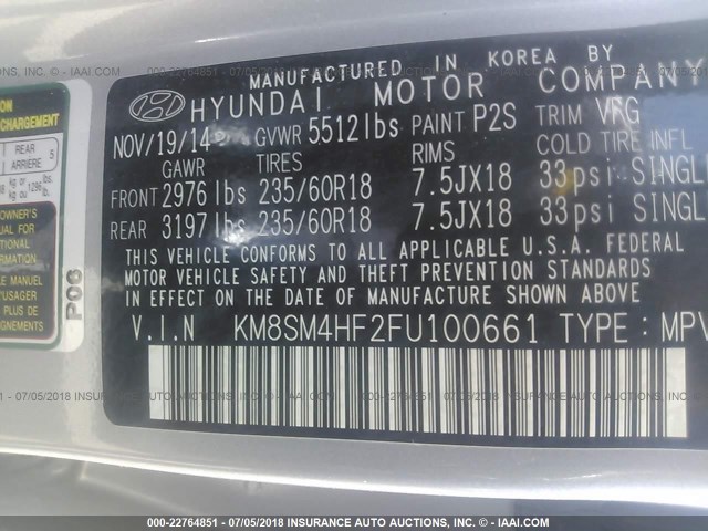 KM8SM4HF2FU100661 - 2015 HYUNDAI SANTA FE GLS GRAY photo 9