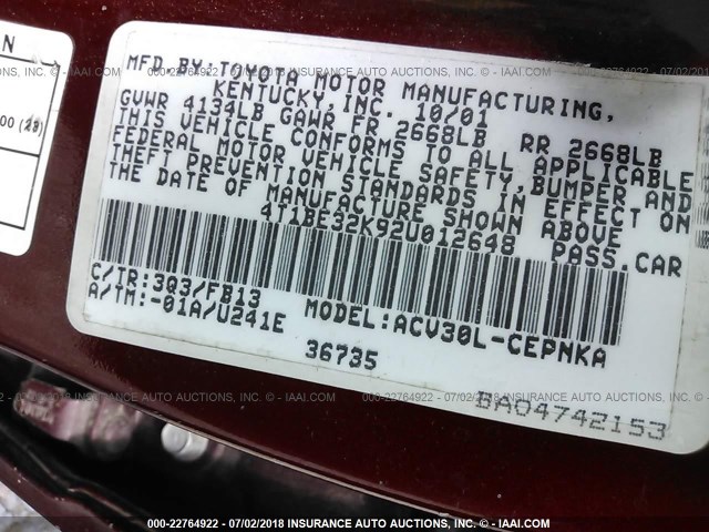 4T1BE32K92U012648 - 2002 TOYOTA CAMRY LE/XLE/SE მუქწითელი ფოტო 9