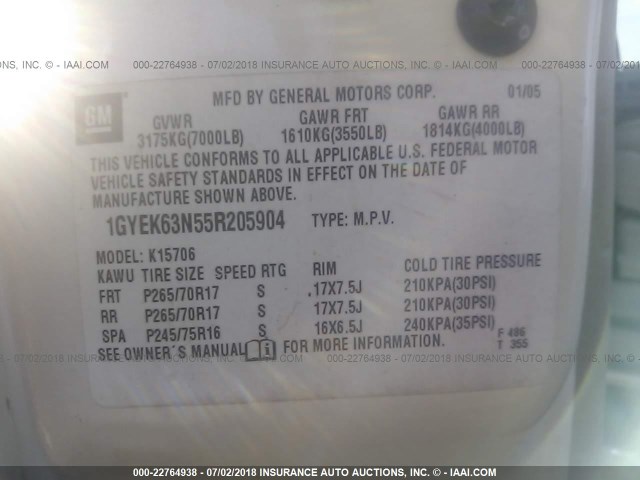 1GYEK63N55R205904 - 2005 CADILLAC ESCALADE LUXURY კრემისფერი ფოტო 9