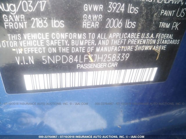 5NPD84LF3JH258339 - 2018 HYUNDAI ELANTRA SEL/VALUE/LIMITED BLUE photo 9